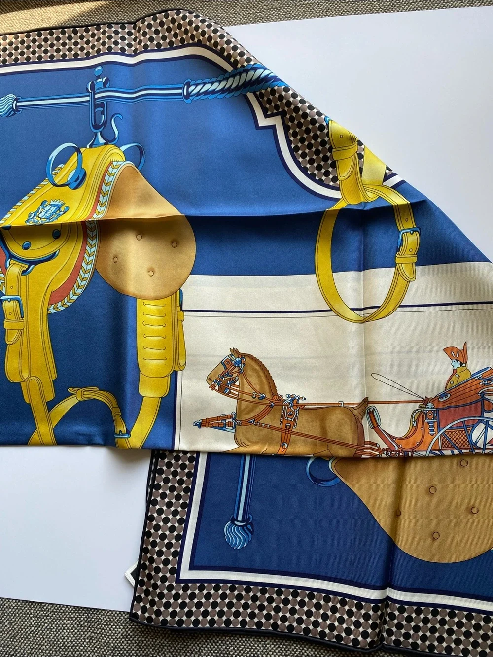 NEW Carolina Lemke Blue Print Silk Equestrian Motif Scarf